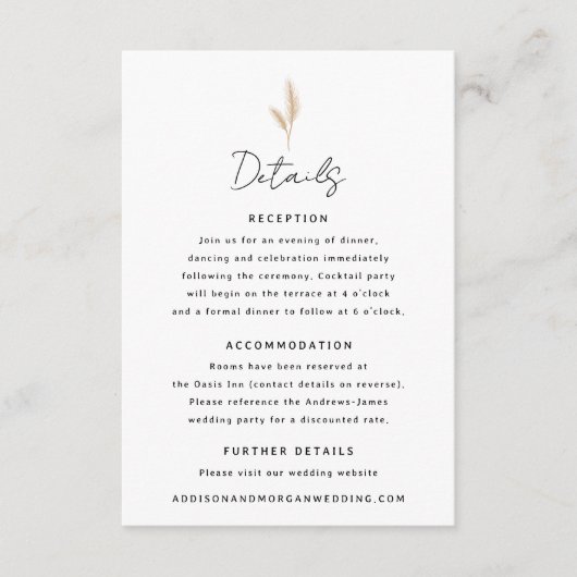 Pampas Grass Desert Landschap Boho Wedding Details Informatiekaartje (Voorkant)