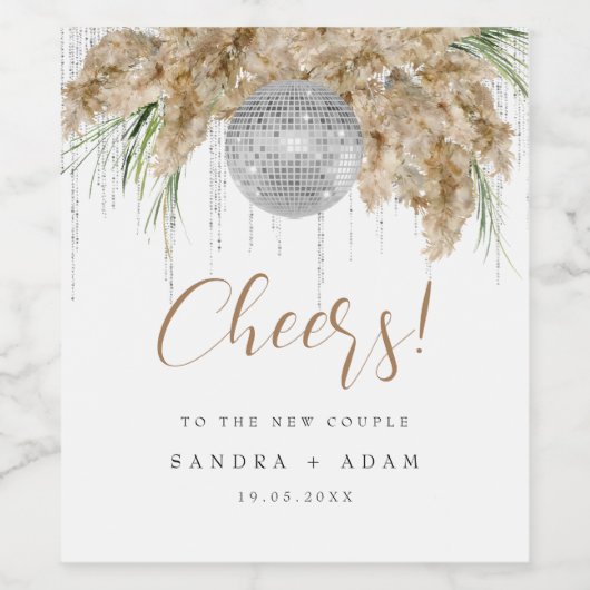 Pampas Grass Disco Ball Boho Bruiloft Wijn Etiket (Enkel label)