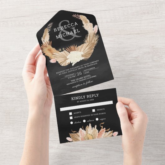Pampas Grass Dried Palm Black Wedding All In One Uitnodiging (Afscheurbaar)