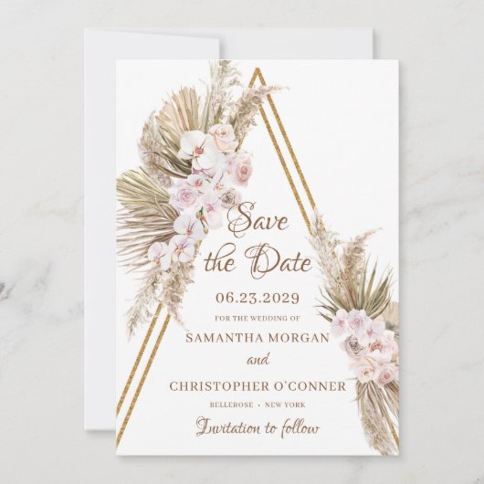Pampas Grass Dried Palm Faux Gold Arch Dusty Roos Save The Date (Voorkant)