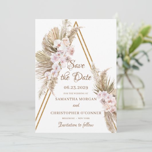 Pampas Grass Dried Palm Faux Gold Arch Dusty Roos Save The Date (Staand voorkant)