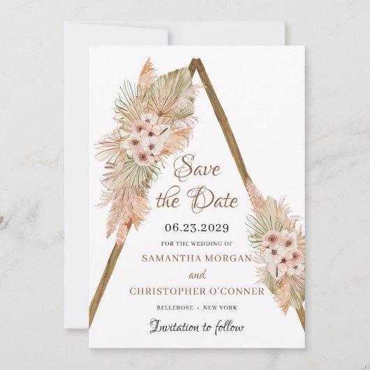 Pampas Grass Dried Palm Wooden Arch Blush Orchid Save The Date (Voorkant)