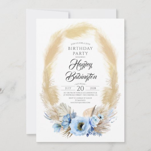 Pampas Grass Dusty Blue Flowers Verjaardagsfeest Kaart (Voorkant)