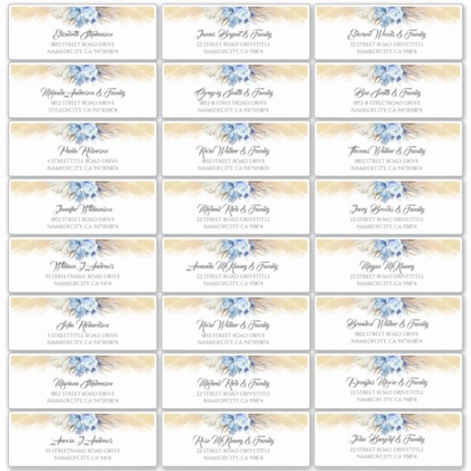 Pampas Grass Dusty Blue Gastennamen Adresetiketten Sticker (Voorkant)