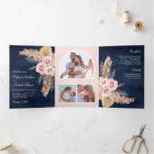 Pampas Grass Dusty Roses Navy Blue Wedding Drieluik Uitnodiging (Binnen)