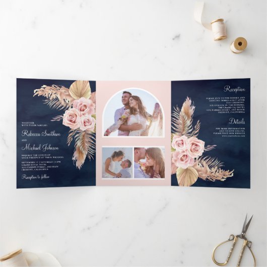 Pampas Grass Dusty Roses Navy Blue Wedding Drieluik Uitnodiging (Binnen)