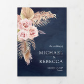 Pampas Grass Dusty Roses Navy Blue Wedding Drieluik Uitnodiging (Cover)