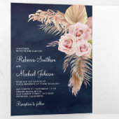 Pampas Grass Dusty Roses Navy Blue Wedding Drieluik Uitnodiging (Binnenzijde eerst)