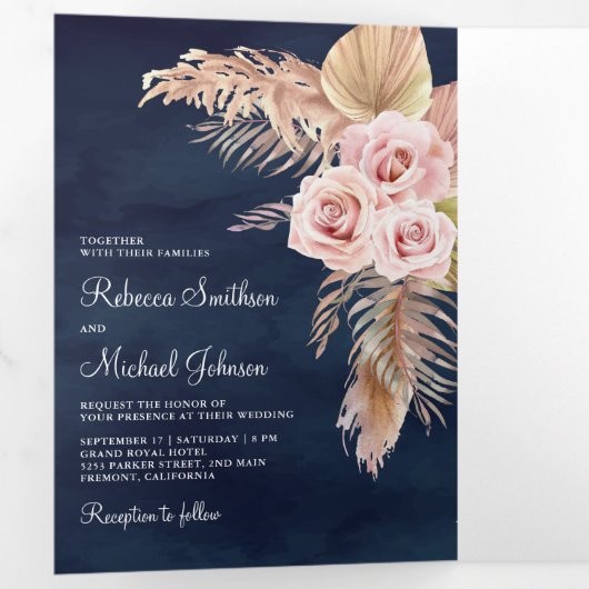 Pampas Grass Dusty Roses Navy Blue Wedding Drieluik Uitnodiging (Binnenzijde eerst)