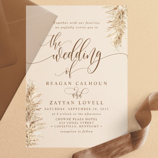 Pampas Grass Earthy Exotic Calligraphy Wedding Vellum Uitnodigingen
