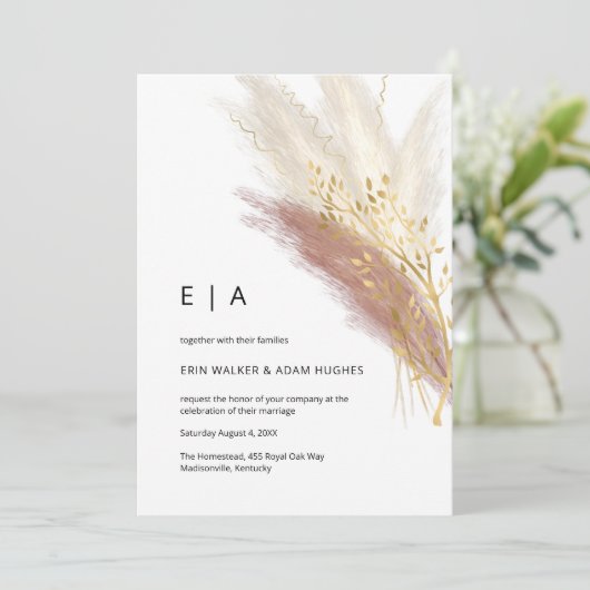 Pampas Grass Elegant Monogram Boho Roze Goud Kaart (Staand voorkant)