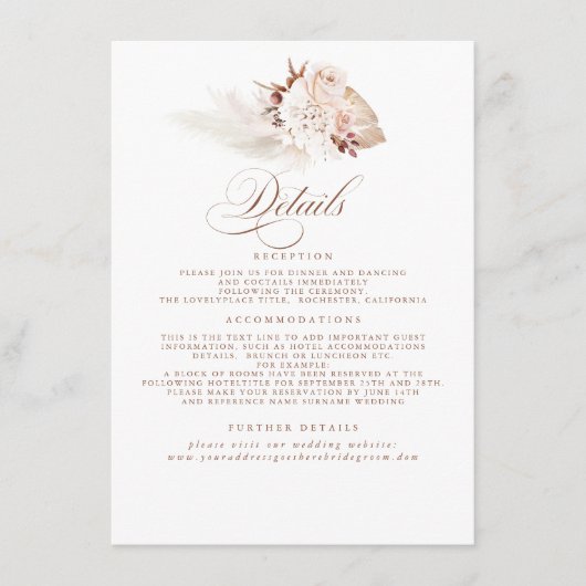 Pampas Grass Elegant Soft Pastel Weddenschap Detai Informatiekaartje (Voorkant)
