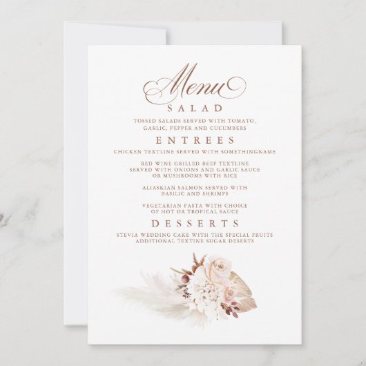 Pampas Grass Elegant Zacht Bruiloft Menu Kaart (Voorkant)