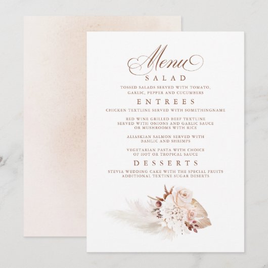 Pampas Grass Elegant Zacht Bruiloft Menu Kaart (Voorkant / Achterkant)