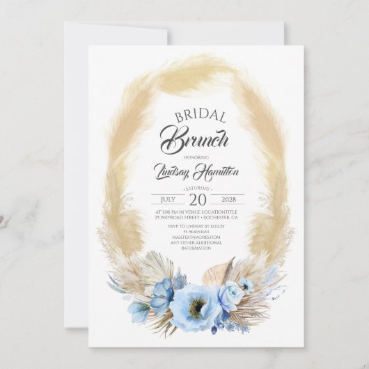 Pampas Grass en Dusty Blue Flowers Bridal Brunch Kaart (Voorkant)