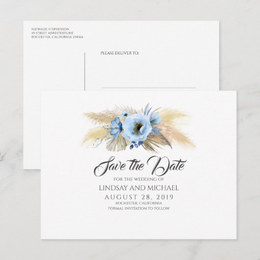 Pampas Grass en Dusty Blue Flowers Sla de datum op Briefkaart (Voorkant / Achterkant)