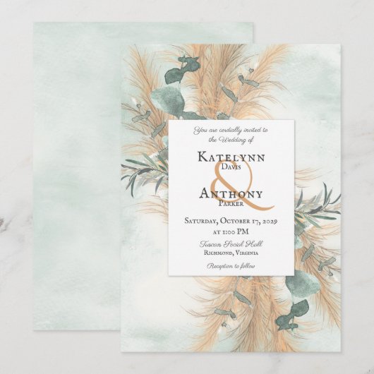 Pampas Grass en Eucalyptus Lijst Waterverf Uitnodi Kaart (Voorkant / Achterkant)