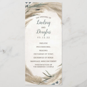 Pampas Grass en groen Boho huwelijksprogramma's Programmakaart