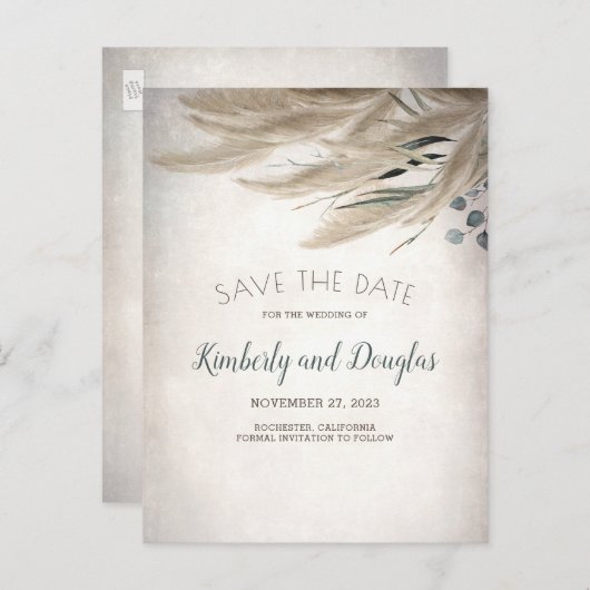 Pampas Grass en groen Boho Save the Date Aankondigingskaart (Voorkant / Achterkant)