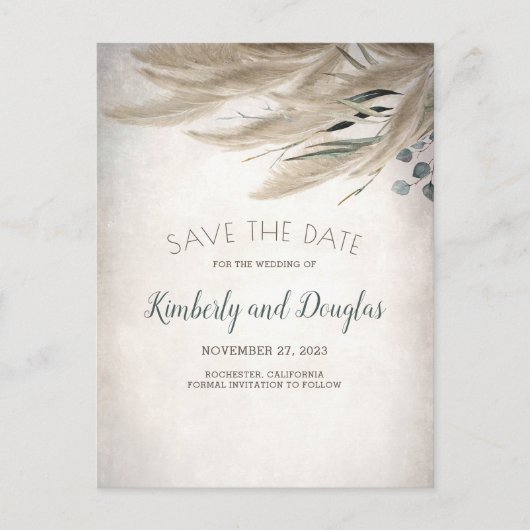 Pampas Grass en groen Boho Save the Date Aankondigingskaart (Voorkant)