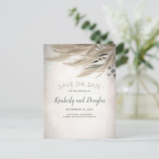 Pampas Grass en groen Boho Save the Date Aankondigingskaart (Staand voorkant)