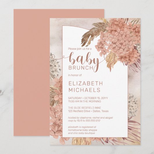 Pampas Grass en Hydrangeas Blooms Baby Brunch Inv Kaart (Voorkant / Achterkant)