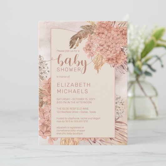 Pampas Grass en Hydrangeas Blooms Baby shower Kaart (Staand voorkant)