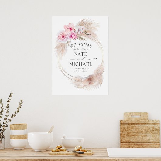 Pampas Grass en Pink Orchids Weddenschap Welkom Poster (Keuken)