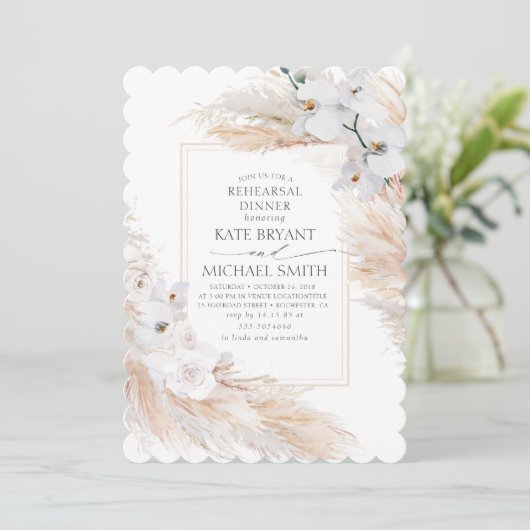 Pampas Grass en witte orchideeën repetitie diner Kaart (Staand voorkant)