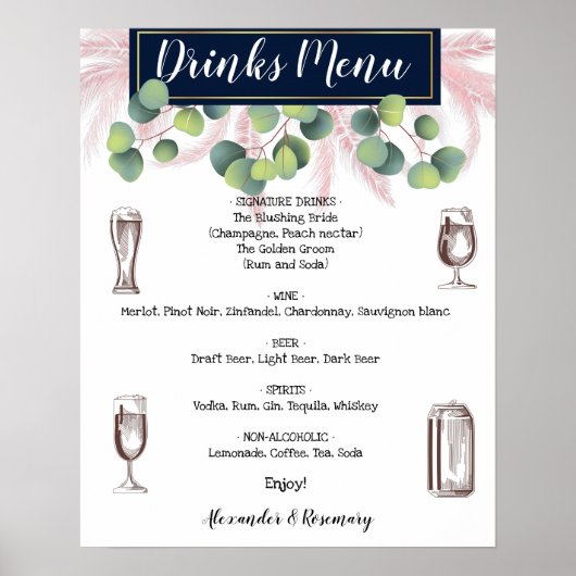 Pampas Grass & Eucalyptus Drink Menu Weddenschap Poster (Voorkant)