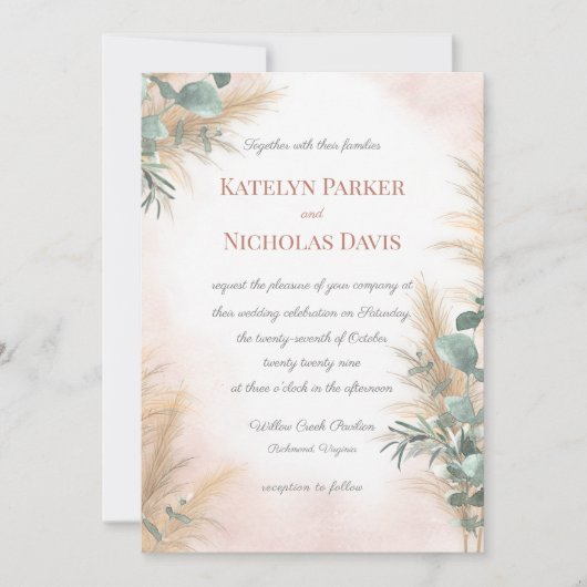 Pampas Grass Eucalyptus Greenery Boho Wedding Invi Kaart (Voorkant)