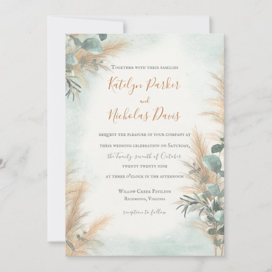 Pampas Grass Eucalyptus Greenery Boho Wedding Kaart (Voorkant)