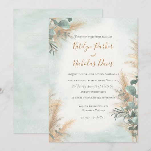 Pampas Grass Eucalyptus Greenery Boho Wedding Kaart (Voorkant / Achterkant)