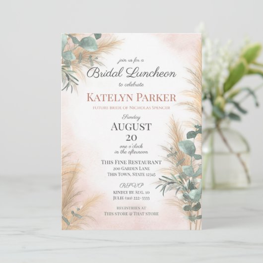 Pampas Grass Eucalyptus Greenery Bruidslunch Kaart (Staand voorkant)