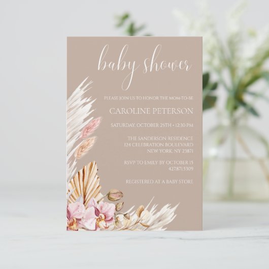 Pampas Grass Floral Boho Baby shower Kaart (Staand voorkant)