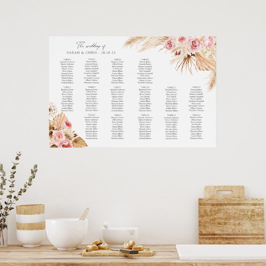 Pampas Grass Floral Boho Table PLan Seating Chart Poster (Keuken)