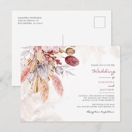Pampas grass Floral Botanical Rustic Wedding Uitnodiging Briefkaart (Voorkant / Achterkant)