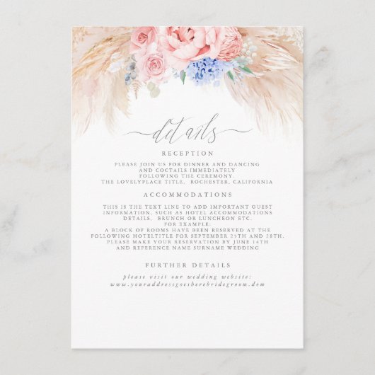 Pampas Grass Floral bruiloft Details Behuizing Kaa Informatiekaartje (Voorkant)