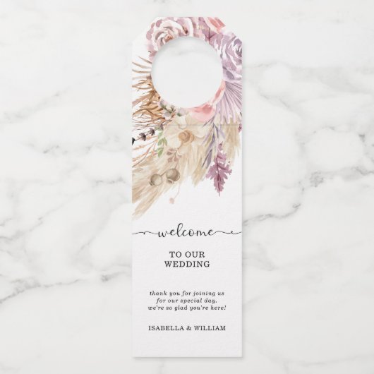 Pampas Grass Floral Custom Welkom Bruiloft Flessenhanger (Voorkant)