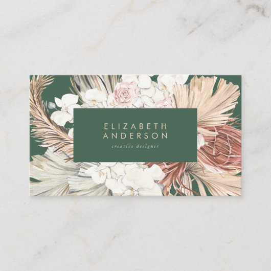 Pampas Grass Floral Emerald Green Cream Visitekaartje (Voorkant)