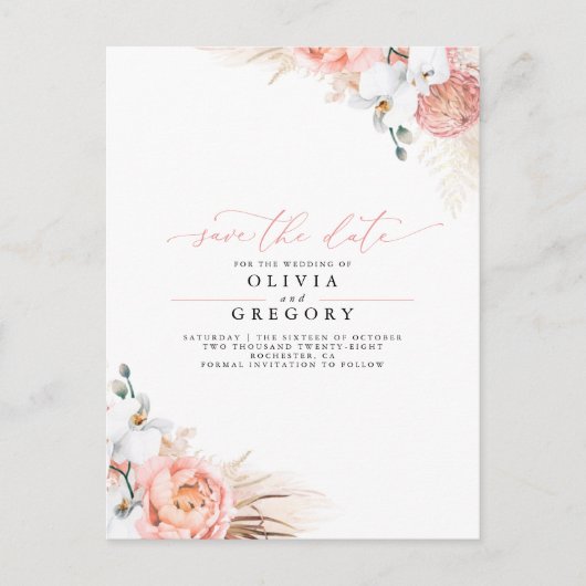 Pampas Grass Floral Pink Save the Date Aankondigingskaart (Voorkant)