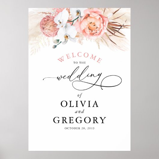 Pampas Grass Floral Pink Wedding Welcome Poster (Voorkant)