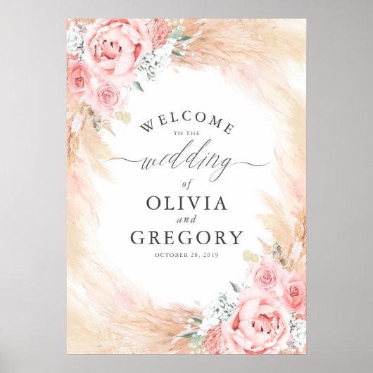 Pampas Grass Floral Pink Wedding Welcome Poster (Voorkant)