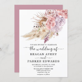 Pampas Grass Floral Roos en Paarse bruiloft Kaart
