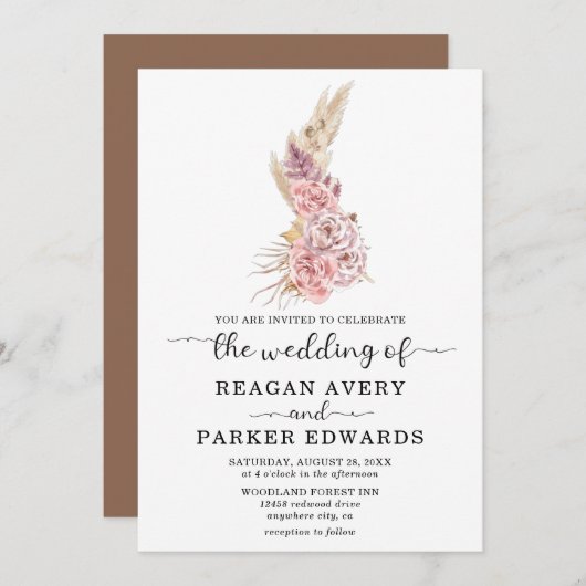 Pampas Grass Floral Roos Paars Wedding Kaart (Voorkant / Achterkant)