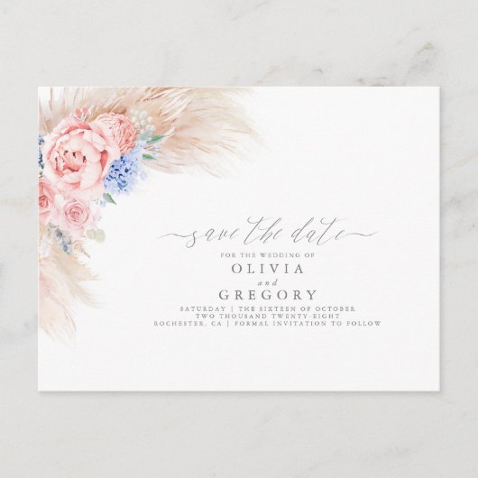 Pampas Grass Floral Save The Date Aankondigingskaart (Voorkant)