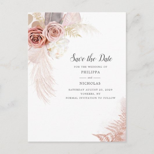 Pampas grass Floral Script Save the Date Aankondigingskaart (Voorkant)