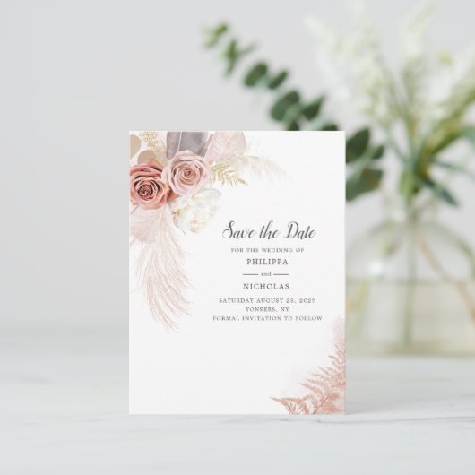 Pampas grass Floral Script Save the Date Aankondigingskaart (Staand voorkant)