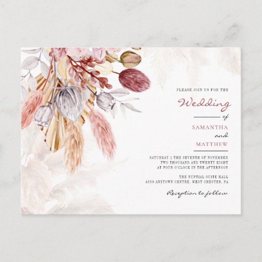 Pampas Grass Floral Tan Rustic Wedding Uitnodiging Briefkaart (Voorkant)