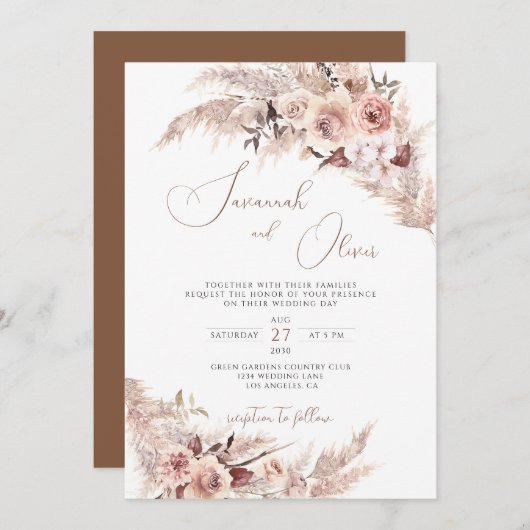 Pampas Grass Floral Terracotta Bohemian Wedding Kaart (Voorkant / Achterkant)